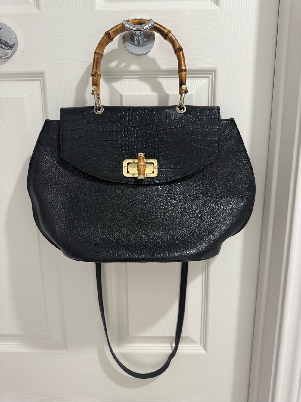Large Black Croc Embossed Leather Bamboo Top Handle Turn Lock Crossbody Satchel